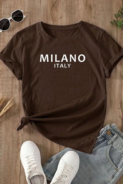NO 601 Γυναικείο μπλουζάκι Milano Italian με στάμπα σε καφέ χρώμα