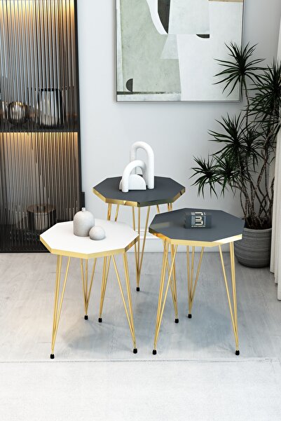 BARIN DESIGN 3'lü Sekizgen Zigon Sehpa Seti - Gold Metal Ayaklı, Modern & Şık...