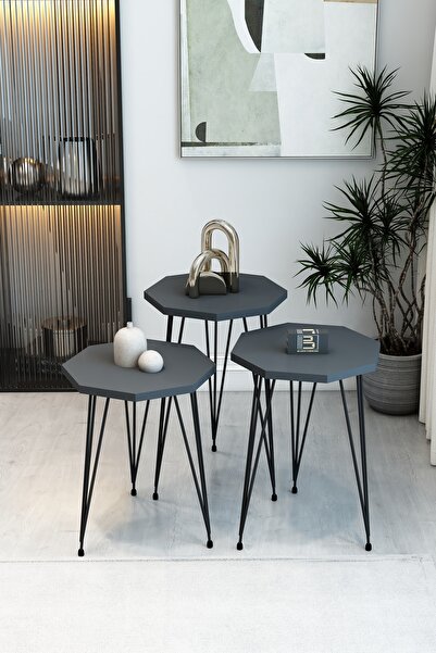 BARIN DESIGN 3'lü Sekizgen Zigon Sehpa Seti - Siyah Metal Ayaklı, Modern & Şı...