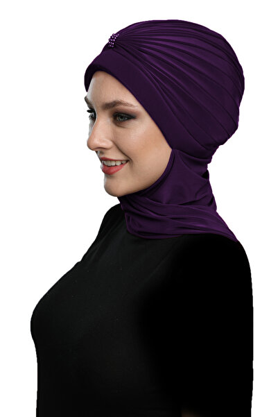 fidan bone Turban pre-îmbrăcat mov, brodat manual cu perle, cu eșarfă de perl...