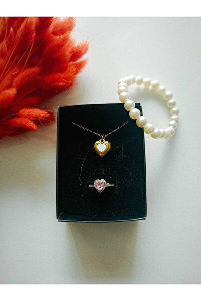 Kudi mini kalpli kolye sevgili yüzüğü inci bileklik hediyeli set