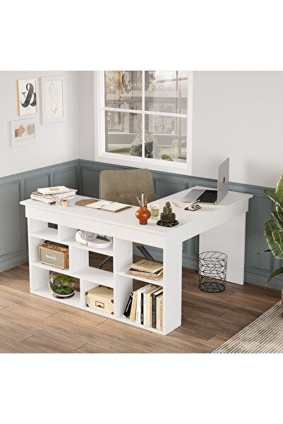 Robin Home Martin Kitaplık Raflı Çalışma Masası L Ofis Masası Beyaz (Raflar S...