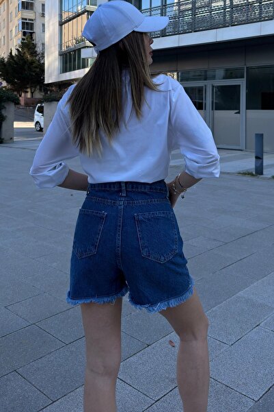 Juuuj Women's Navy Tasseled Leg, High Waist, Comfortable Denim-Jeans Shorts