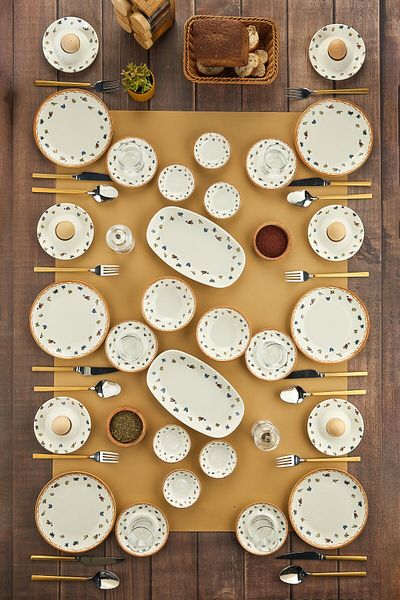 Cooker 34 Piece Porcelain Patterned Breakfast Set - Boat, Egg Holder, Plate, Jam Bowl, Snack Bowl