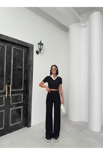 BEJNA Women's Shirt Collar Detailed Bottom Top Set