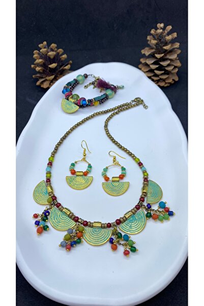 Porsuk Alternatif مجموعة أساور وأقراط وقلادة على شكل مروحة عرقية مصنوعة يدويًا