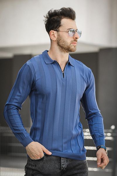 Oksit Tricotaje pentru bărbați Vilnius Slim Fit - Guler cămașă cu dungi, jumătate cu fermoar