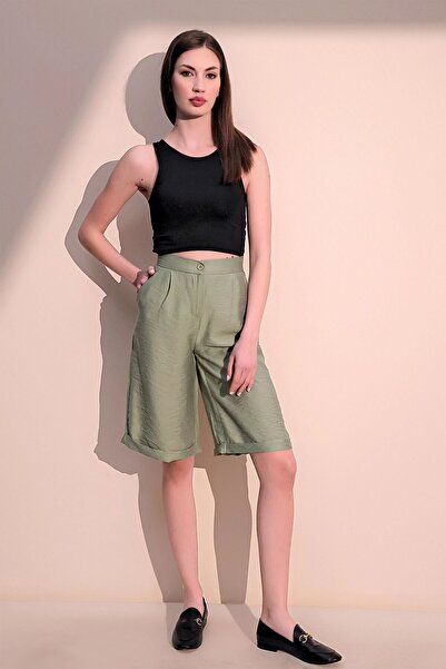 Juuuj Women's Khaki Quality Pocketed Double Leg Linen Bermuda Shorts