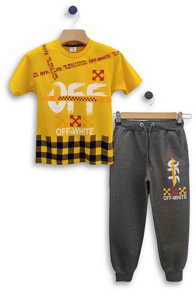TRİLİYA Triliya Boy's Double Set - Off-White Printed T-Shirt and Sweatpants Age 3-11