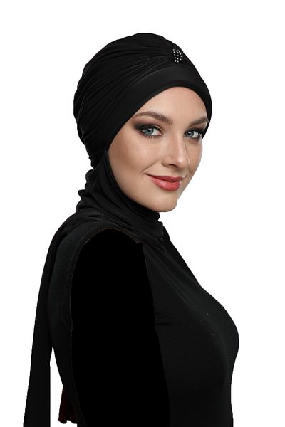 fidan bone Handmade Pearl Embroidered Black Ready-made Turban Hijab Bonnet with Pearl Scarf