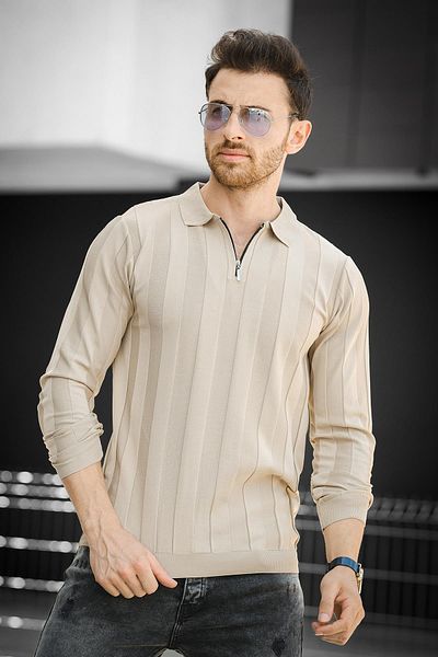 Oksit Vilnius Slim Fit Men's Knitwear - Striped Shirt Collar, Half Zipper
