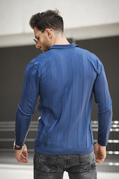 Oksit Ανδρικά πλεκτά Vilnius Slim Fit - Ριγέ γιακά πουκάμισου, μισό φερμουάρ