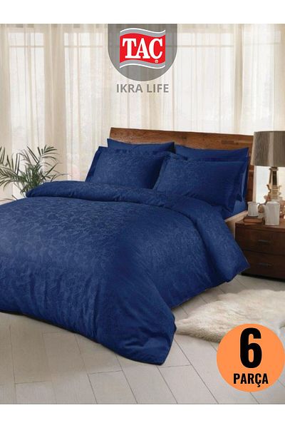 Taç Brinley Navy Blue Elegance Jacquard Satin Double Duvet Cover Set