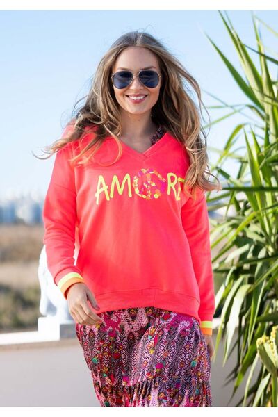 satya V YAKA NEON RENK AMORE BASKILI RİBANA DETAYLI SWEATSHIRT