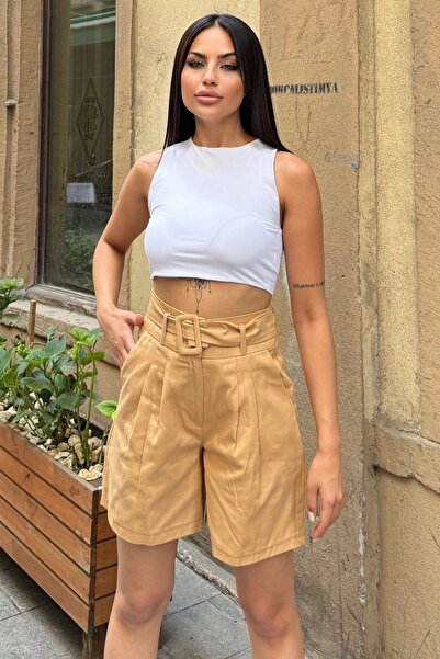 Juuuj Γυναικείο σορτς με ζώνη καμέλας, υψηλή μέση, εισαγόμενο ύφασμα, μακρύ άνετο σορτς με πιέτες