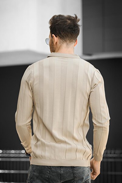 Oksit Мъжки пуловер Vilnius Slim Fit - раирана яка на риза, половин цип