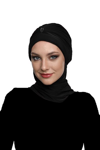 fidan bone Handmade Pearl Embroidered Black Ready-made Turban Hijab Bonnet with Pearl Scarf