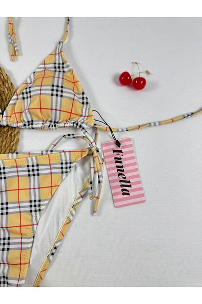 FUNELLA Plaid Pattern Yellow Bikini Set