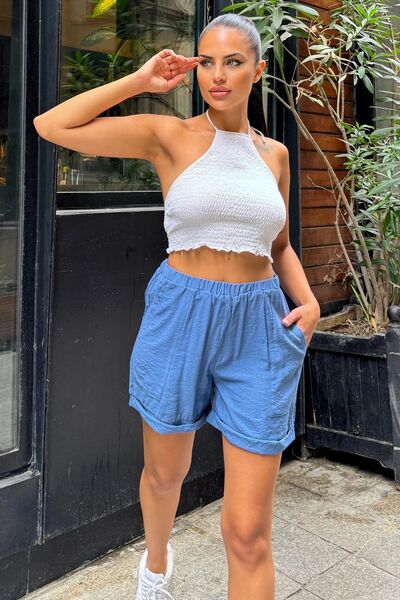 Juuuj Γυναικείο κοντό λινό σορτς με ελαστική μέση, τσέπες, διπλό πόδι, κοντό λινό σορτς