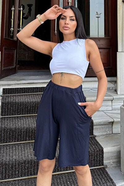 Juuuj Kadın Laci Beli Lastikli, Terletmez Kumaş, Cepli, Salaş Kapri Şort