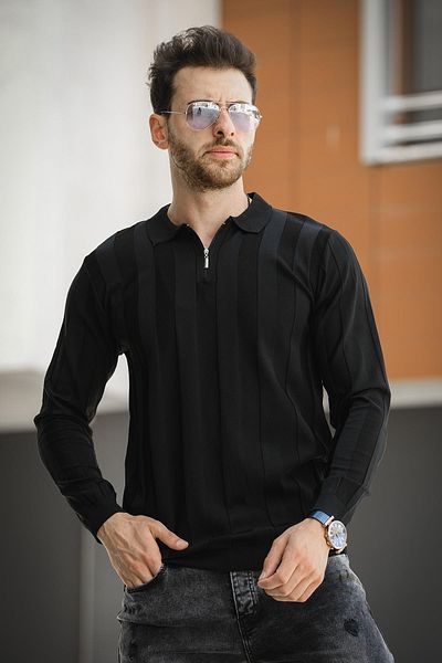Oksit Ανδρικά πλεκτά Vilnius Slim Fit - Ριγέ γιακά πουκάμισου, μισό φερμουάρ