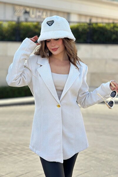 Juuuj Kadın Beyaz Astarlı, Tek Düğme, Vucüda Oturan Kalıp, Fitilli Kaşe Kumaş Blazer Ceket