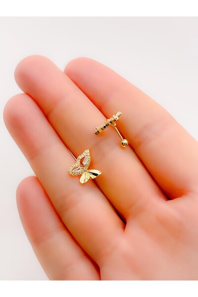 Trinos Cerrahi Çelik Piercing Zirkon Taşlı Plaka Kelebek Helix Tragus Piercing (1adet)