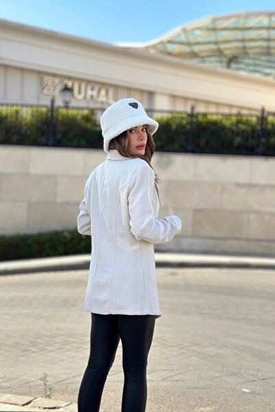 Juuuj Kadın Beyaz Astarlı, Tek Düğme, Vucüda Oturan Kalıp, Fitilli Kaşe Kumaş Blazer Ceket