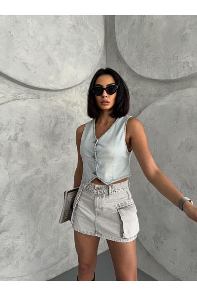 Zeo Basic VESTĂ DE DENIM ALBASTRU Gheață, cu decolteu în V, cu nasturi