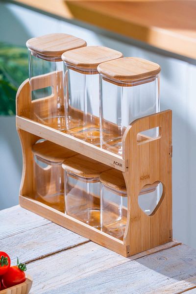 ACAR Set of 6 Borosilicate Glass Spices with Malibu Bamboo Stand