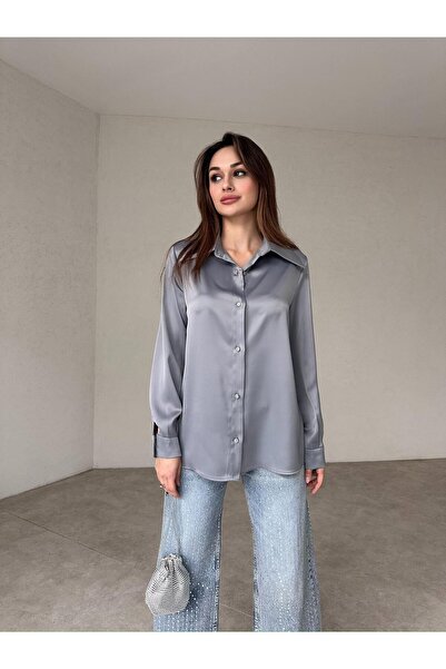 Genel Markalar Kadın Gri Saten Kumaş Gömlek