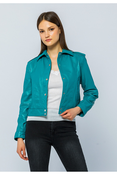 Basics&More Women's Genuine Lambskin Leather Jacket with Snap Detail - Kendall