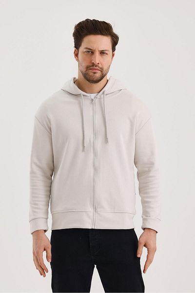 FİHA Unisex Hooded Zippered Sweatshirt with Input Pockets - Stone