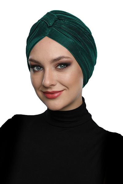 fidan bone Cross Pleat Taped Lined Green Ready-made Turban Hijab Pool Bonnet
