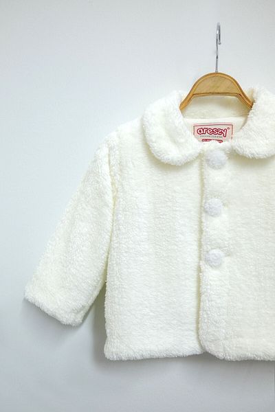 Aressy Ecru Welsoft Buttoned Baby Cardigan Collar Plush Jacket Combed Cotton Lined Cardigan