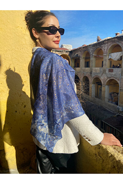 nehir eşarp Batik Desen Varak Detaylı  Voil İpek Fular Bandana 55x55cm