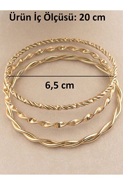 Siya Silver Altın Kaplama Gold Renk Burgu Model 3'lü Çelik Bilezik Set-(20 CM-6,5 CM)