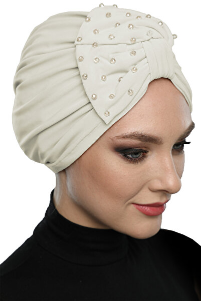 fidan bone Βραδινό καπό τουρμπάνι με κρύσταλλο πέτρινο κεντημένο διπλής όψης με επένδυση από κρέμα έτοιμο τουρμπάνι