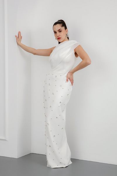 Lafaba Women's White One Shoulder Rhinestone Promise Engagement Wedding Evening Dress