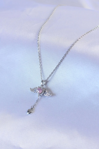 shopwave 316L Steel Silver Color Winged Heart Figure Zircon Stone Detail Women's Necklace