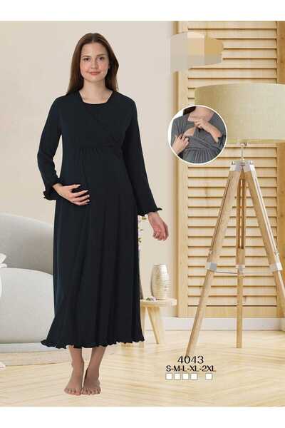 CT MODA Kadın Lacivert Özel Tasarım Pamuk Penye Hamile Lohusa Gecelik