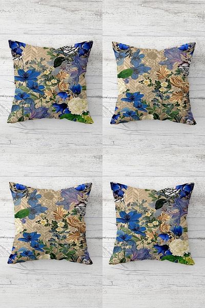 Pelangi Flower And Butterfly Patterned Hidden Zippered Throw Pillow Cover Sofa Pillow Cover Set (4pcs)