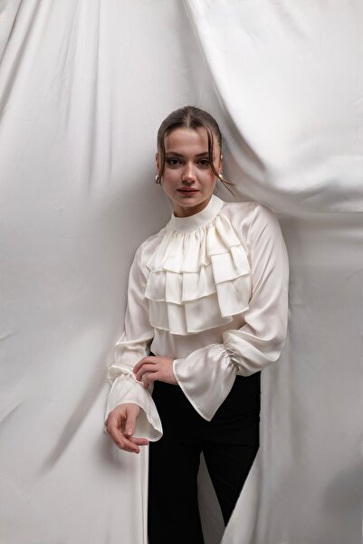 CANNAS Tasarım Fırfır Detaylı Frilla Abiye Ipek Saten Gömlek