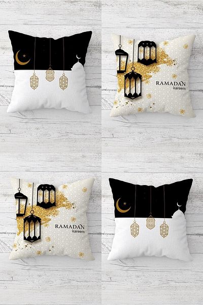 Pelangi Eid Mubarak Crescent Theme Hidden Zipper Throw Pillow Case - Ramadan Lantern Sofa Pillow Set (4pcs)