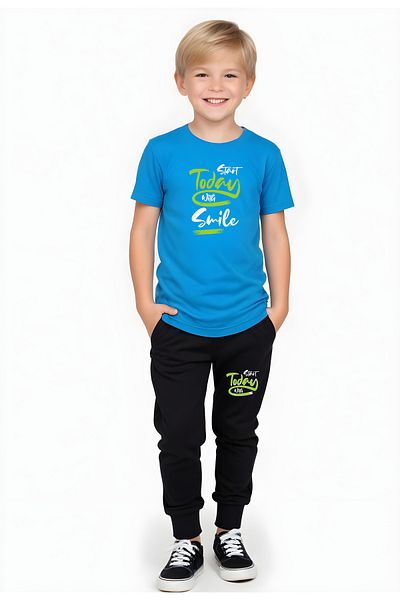 panios kids Set de sus și de jos cu buzunar dublu pentru băiat cu imprimeu Smile