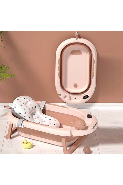 Eazy Kids حوض استحمام قابل للطي مع مقياس حرارة وكوب لغسل وشطف شامبو بيبي هيد - برتقالي