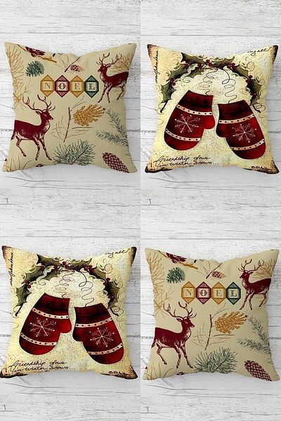 Pelangi Kokina Deer Patterned Christmas Gloves - Hidden Zippered Throw Pillow Sofa Cushion Set (4Pcs)