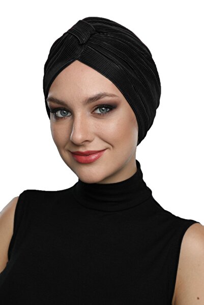 fidan bone Çapraz Plise Bantlı Astarlı Siyah Hazır Türban Tesettür Havuz Bonesi Medikal Kullanıma Uygun