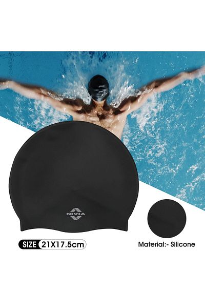 Nivia Classic Swimming Cap | Unisex | Black, Free Size - Elastic | Silicone |  Long Hair, Pool Cap