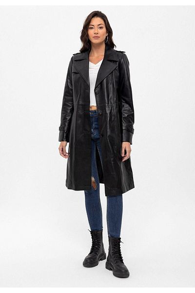 Deriderim Black Cassie Slit Lined Belted Trench Coat Women's Genuine Leather Coat